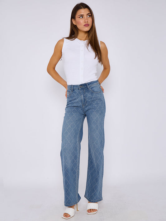 Diamante Studded Front Straight Leg Denim Jeans