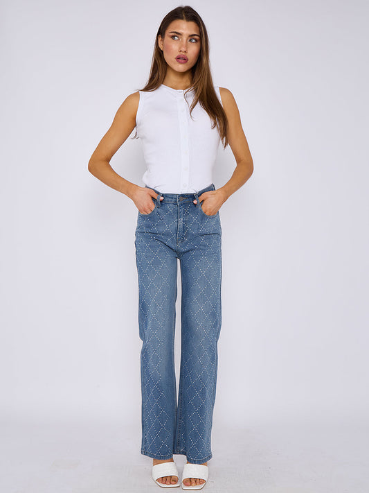 Diamante Studded Front Straight Leg Denim Jeans