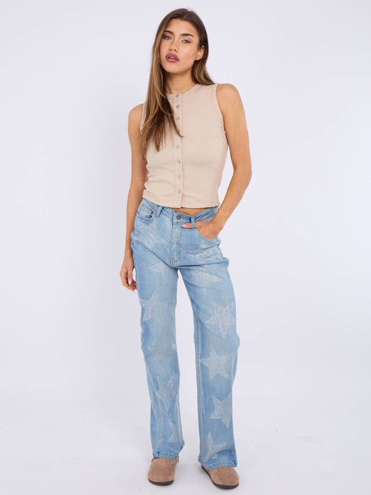 Wide Leg Star Studded Front Denim Jeans