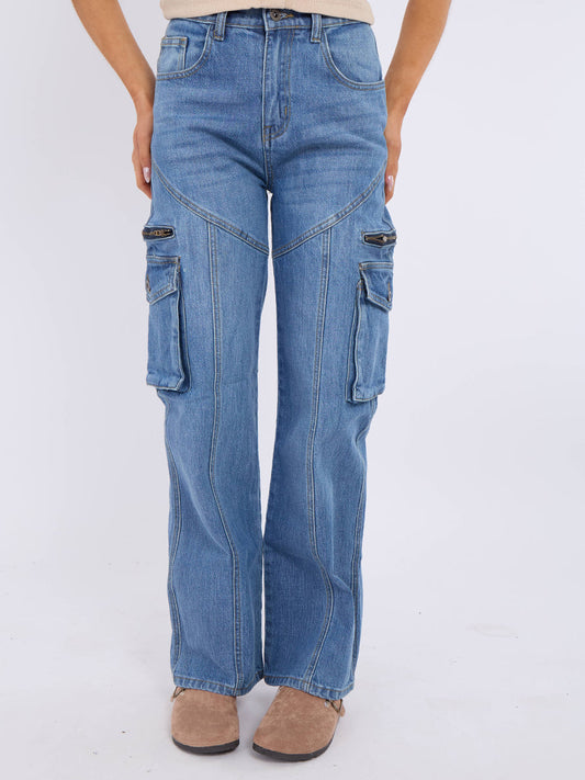 Straight Leg Cargo Denim Jeans