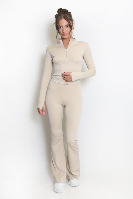 Oatmeal Active Zipped Jacket With Scrunch Bum Flare Trouser