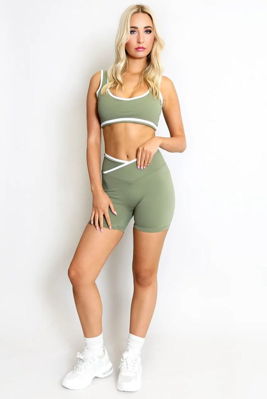 Khaki Contrast Sculpt Crop Top And Short Gym Set