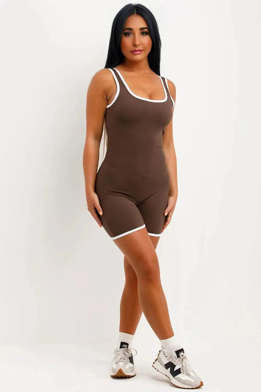 Brown Cut Out Back Piped Edging Short Unitard