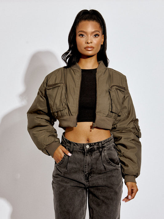 Ruched Sleeve Utility Pocket Cropped Bomber Jacket