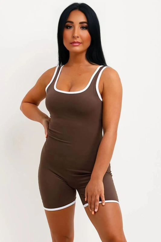 Brown Cut Out Back Piped Edging Short Unitard